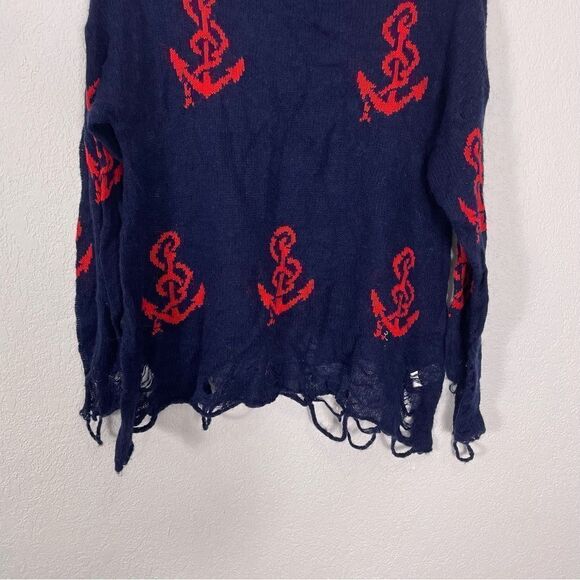 Wildfox White Label Navy Blue with Red Anchor Print Distressed Hem Sweater - Picture 4 of 6